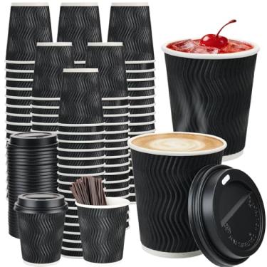 Imagem de Pacote com 100 xícaras de café descartáveis de 227 g com tampas e canudos, para usar copos de café de papel grosso ondulado isolado para bebidas quentes/frias, copos de parede ondulados para café