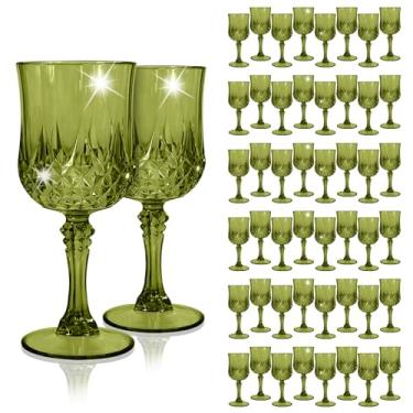 Imagem de EVSGSONL Pacote com 48 taças de vinho de plástico verde, taças de plástico vintage para festas, copos de água de cristal verde-escuro reutilizáveis para recepção de casamento, suprimentos de festa