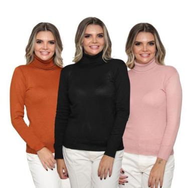 Imagem de Kit 3 Blusa Tricot Feminina Gola Alta Cacharrel Manga Longa Inverno 20