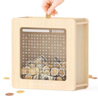 Imagem de Cofre de madeira para crianças e adultos, cofre de 10.000 dinheiro, caixa de economia de dinheiro com adesivos de rastreador, caixa de cartão de presente personalizada, para aniversário, chá de bebê