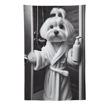 Imagem de Tapeçaria de roupão maltês preto branco cena de chuveiro bonito animal de estimação arte pendurar na parede decoração de casa de banho quarto ambiente alegre tapeçaria 152 x 232 cm