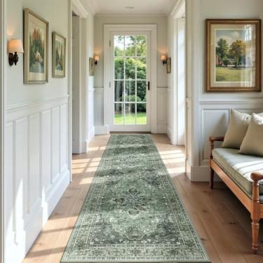 Imagem de RELEANY Tapetes de área 9,5 x 2,5 m, lavável, antiderrapante, estampa floral, vintage, tapete medalhão para sala de estar, quarto, sala de jantar, verde escuro cinza