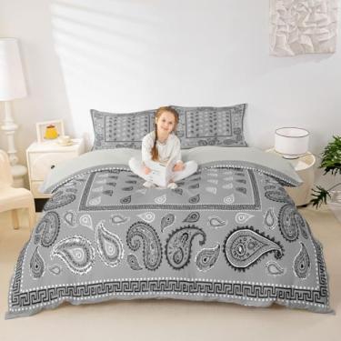 Imagem de Manfei Conjunto de capa de edredom bandana cinza, tamanho casal, bandanas boêmias, paisley, 3 peças, capa de colcha floral boho chique, decoração de quarto de crianças, meninos e meninas, 2 fronhas