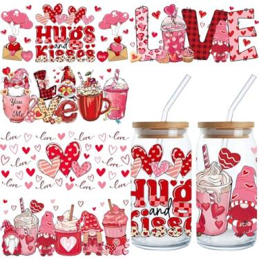 Imagem de Adesivos de transferência de copo UV DTF para copos de vidro de 473 ml rosa vermelho coração estilo DTF adesivos de filme de transferência de desenho animado anão copo de café esfregar em