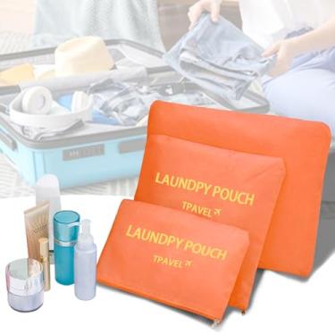 Imagem de Organizador de viagem conjunto de 3 bolsas de armazenamento de viagem multifuncionais organizadores de bagagem bolsa de viagem com zíper para passaporte de cosméticos, meias (laranja, 3 peças)