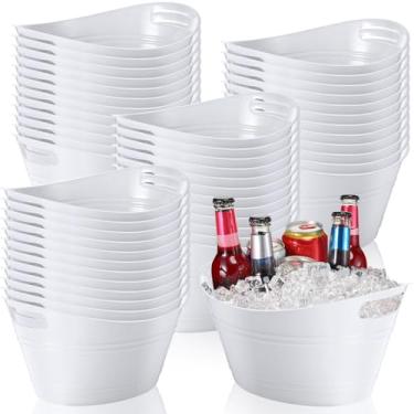 Imagem de Norme 48 peças de baldes de gelo de plástico para festas a granel de 4,5 L, oval branco, com alças, garrafa de vinho, cerveja, champanhe, bebida, geladeira, banheira, para festas de Natal, férias