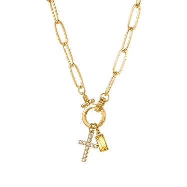 Imagem de MYDIY Colar feminino com pingente de cruz de pedra do mês de nascimento banhado a ouro, corrente delicada em camadas, presente inicial personalizado, joia cristã, pingente de cruz de fé, presente de