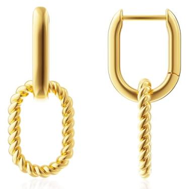 Imagem de Brincos femininos de clipe de papel conversíveis banhados a ouro 14K - Brincos modernos de argola com clipe de papel - argolas pendentes de corrente com zircônia cúbica, Large, Cobre, Sem pedra