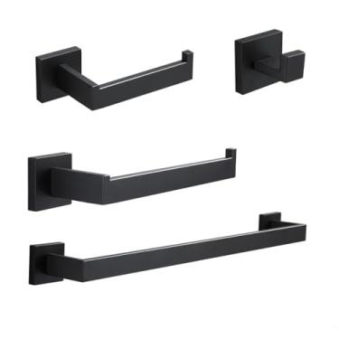 Imagem de Conjunto de acessórios de acessórios de banheiro preto fosco gancho de roupão cabide toalheiro barra suporte de papel de seda aço inoxidável, conjunto de 4 peças