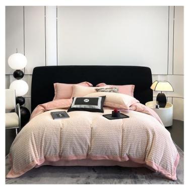 Imagem de x3anggyt5 Conjunto de capa de edredom de veludo de leite de inverno, conjunto de capa de edredom quente de veludo coral dupla face, super macio e quente (rosa, lençol de cama de 1,8 m -200 x 230 cm)