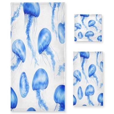 Imagem de xigua Conjunto de toalhas de banheiro água-viva azul aquarela absorvente macio 3 peças toalha de banho toalha de mão toalhas decorativas para banheiro, academia, hotel, praia, piscina