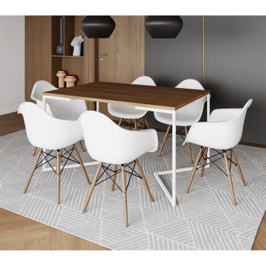 Imagem de Mesa Jantar Industrial Retangular Amêndoa 137X90Cm Base V Ferro Branco Com 6 Poltronas Branca Marrom