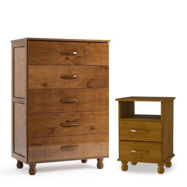 Imagem de Kit Cômoda 5 Gavetas E Mesa De Cabeceira 100% Madeira Maciça Imbuia Br