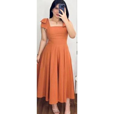 Imagem de Vestido de linho Longo com laço feminino - Dinamotiom, Caramelo, GG-44