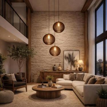 Imagem de Lustre Pendente Para Sala Pé direito Duplo Trio Ball P7 - Marrom - Ota