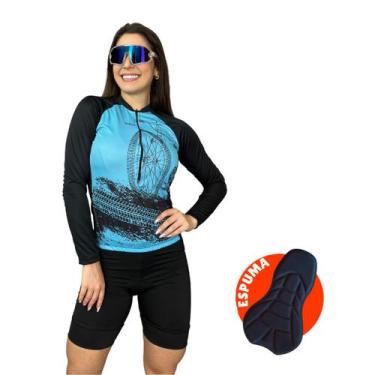 Imagem de Conjunto Feminino de Ciclismo Camisa Manga Longa e Bermuda de Espuma M