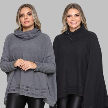 Imagem de Kit 2 Poncho Feminino Tricot Mousse Liso Gola Alta Casaco Lã - Rosilen