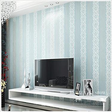 Imagem de QIHANG 10 m europeu, simples, listra vertical, liso, não tecido, papel de parede, sofá, fundo de TV, cor azul, 0,53 m x 10 m = 5,3 SQM
