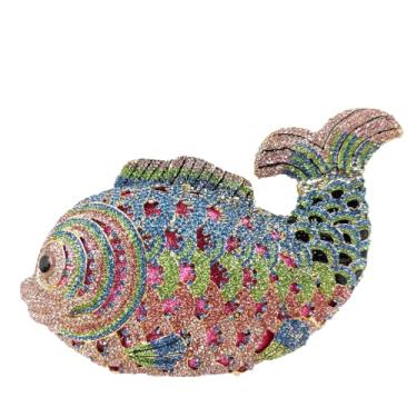 Imagem de Boutique De FGG Bolsa clutch feminina com strass de peixe, formal, para noite, formatura, festa de casamento, bolsa clutch de cristal, mini, Rosa e verde, Mini