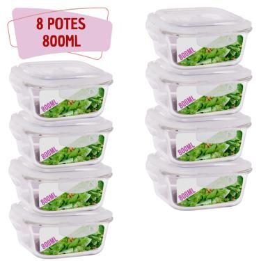 Imagem de 8 Potes Hermetico 800ml Quadrado Vidro Microondas Grande