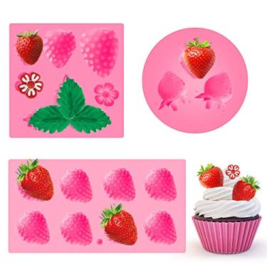 Imagem de 3 peças 3D morango e flores molde de silicone molde de fondant de frutas molde de morango molde de silicone feito à mão geleia doces assadeira para assar bolo de chocolate criança cupcakes sabão vela argila resina fabricação de cera