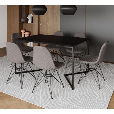 Imagem de Mesa Jantar Industrial Preta 137x90cm Base V com 6 Cadeiras Estofadas Eames Grafite Aço Preto