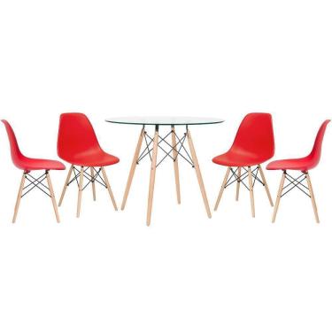 Imagem de Mesa Redonda Eames Com Tampo De Vidro 90 Cm + 4 Cadeiras Eiffel Dsw Vermelho