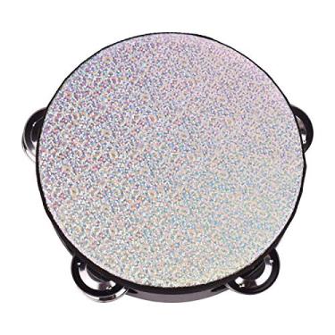 Imagem de SIMBAE Pandeiro de madeira 15 cm de madeira radiante tambor de mão com jingles de fileira única brilhante cabeça de tambor reflexivo instrumento de percussão brinquedo para adultos dançando canto festa luz