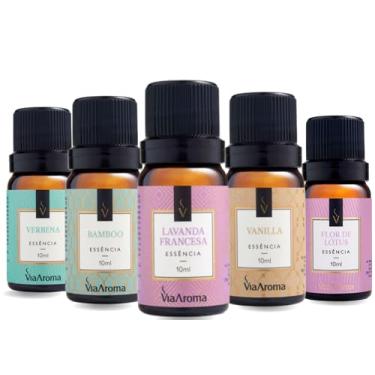 Imagem de Essências Para Aromatizador Difusor Elétrico Via Aroma 10ml Kit com 5 Unidades (Verbena,Bamboo,Lavanda Francesa,Vanilla,Flor de Lótus)