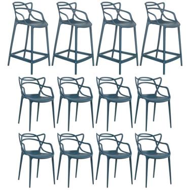 Imagem de Kit 8 Cadeiras + 4 Banquetas Médias Masters Allegra Azul Petr