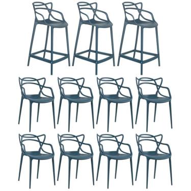 Imagem de Kit 8 Cadeiras + 3 Banquetas Médias Masters Allegra Azul Petr