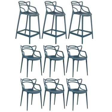 Imagem de Kit 6 Cadeiras + 3 Banquetas Médias Masters Allegra Azul Petr