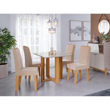 Imagem de Sala de Jantar Flora Quadrada Tampo com Vidro com 4 Cadeiras Tais Marrom/Off White/Nude