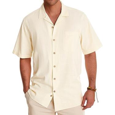 Imagem de Alimens & Gentle Camisas masculinas de linho camisas de manga curta com botões casuais verão praia tops algodão camisas havaianas, Creme de nuvem, XXG