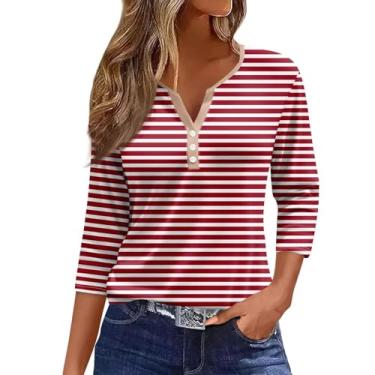 Imagem de Camisetas femininas de verão listradas Henley blusas de manga 3/4 de comprimento solto túnica color block, Vermelho, XXG
