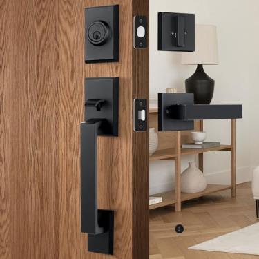 Imagem de LOQRON Conjunto de maçaneta de porta resistente e fechadura de fechadura, conjunto de maçanetas de entrada quadrada com fechadura de cilindro único para portas destros e canhotos, preto fosco