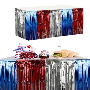 Imagem de mdgfge Saias de mesa de 4 de julho, saias de mesa patrióticas metálicas com franja e tinsel para decoração de mesa para material de festa do Dia dos Veteranos Memorial da Independência