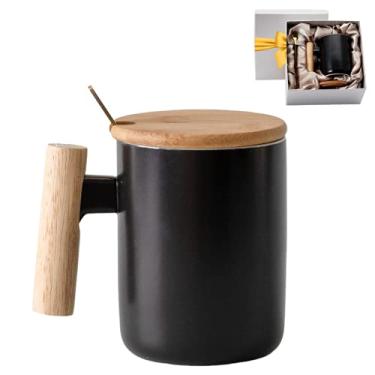 Imagem de Bambooware Caneca de café e chá de cerâmica natural conjunto para presente 400 ml | Tampa e alça de bambu | Colher dourada | Copo sustentável, ecológico, estilo de vida fresco (preto)