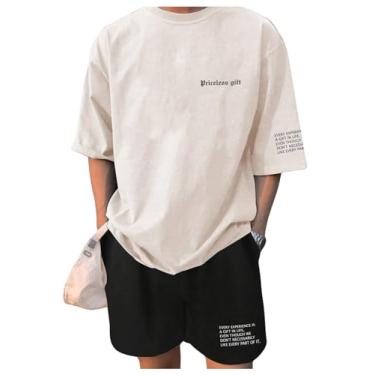 Imagem de OYOANGLE Conjunto de 2 peças de camisetas masculinas de manga curta com ombro caído e shorts esportivos com letras gráficas, Caqui, G