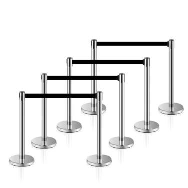 Imagem de MICHELANGELO Kit 8 Pedestais Premium Organizador Separador de Fila Cromado com Fita Retrátil Preta 2 Metros Anti-Oxidante