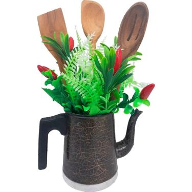 Imagem de Mini Vaso Alumínio Regador Com Arranja Artificial Preto 32cm