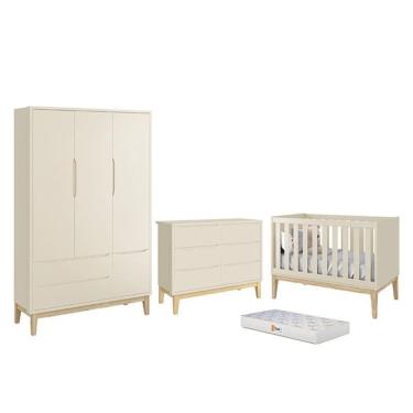 Imagem de Dormitório Completo Infantil Classic 3 Portas, Cômoda 6 Gavetas, Berço com Pés Madeira Natural e Colchão D18 - Reller Móveis