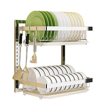 Imagem de Escorredor de louça, suporte de prato de cozinha, organizador de pratos de secagem, prateleira de armazenamento sobre a pia, suporte de tigela de parede de 2 níveis com bandeja de drenagem 6 ganchos,