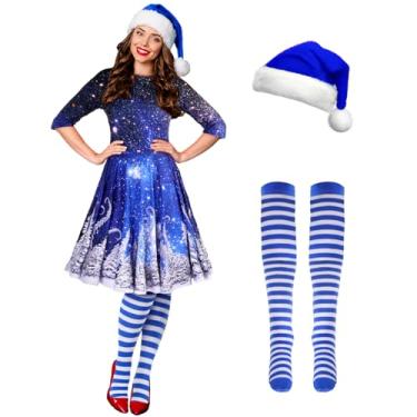 Imagem de Hillban Conjunto de 3 peças de fantasia de elfo de Natal feminino, manga curta, vestido de Natal até a coxa, chapéu de Papai Noel, Céu estrelado, X-Large