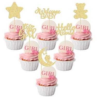 Imagem de Gyufise 24 peças de topos de cupcake It's a Girl com lua, estrela, urso, bem-vindo, bebê, Hello World, revelação de gênero, palitos de cupcake, chá de bebê, crianças, meninas, festa de aniversário, bolo, suprimentos para