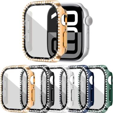 Imagem de Pacote com 5 capas protetoras rígidas de strass RICHONE com película de vidro temperado para Apple Watch Series 10 (2024) 46 mm, proteção antiqueda resistente a arranhões para iWatch (46 mm)
