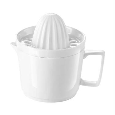 Imagem de Sizikato Espremedor manual de porcelana branca para casa com limão e laranja.
