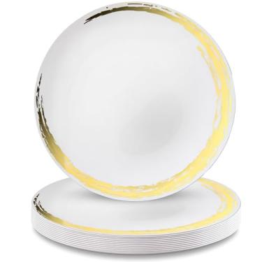 Imagem de Conjunto de pratos de plástico redondos brancos e dourados - 26 cm (10 peças) | Design premium e luxuoso - ideal para casamentos, festas e eventos
