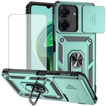 Imagem de Yodueiv Capa para Redmi 13C, capa Poco C65 com protetor de tela de vidro temperado e capa de câmera deslizante, anel magnético suporte de carro capa protetora para Xiaomi Redmi 13C verde