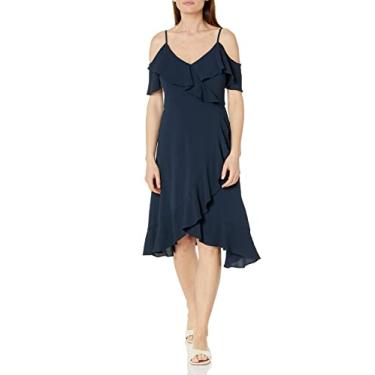 Imagem de London Times Vestido feminino de ombro vazado com babado feminino para ocasião convidada da mãe da noiva, Blazer azul-marinho, 42